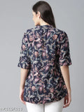 Divena Blue printed rayon top - three-quarter sleeves, stylish and comfortable office wear from India