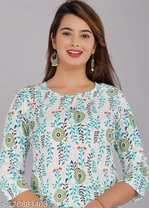 Attractive white and perot color rayon floral print kurta pant set with palazzo bottoms, three-quarter sleeves