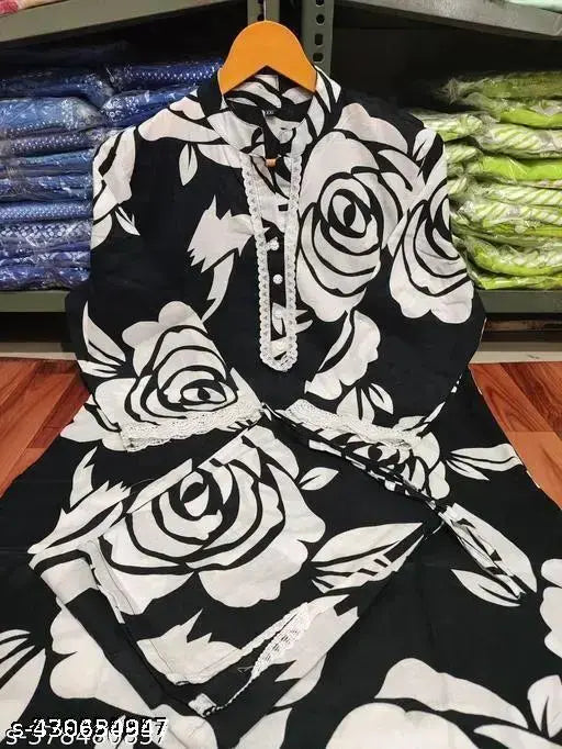 Rayon white and black printed net kurta pant set, three-quarter sleeves, Palazzos style, Indian designer fashion