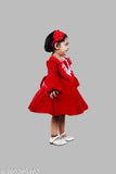 Christmas red wool party frock with white lace collar, full sleeves, perfect winter wear