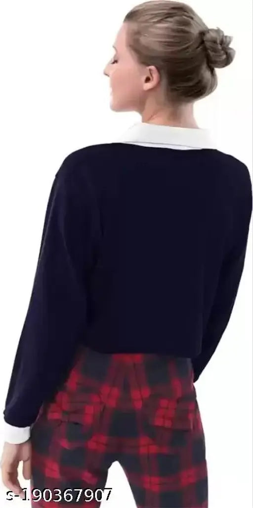 Navy blue cotton blend solid t-shirt for women, long sleeves, breathable, premium bio-washed fabric
