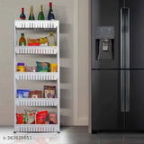 White multipurpose kitchen trolley with 5-tier slim storage racks & wheels, ideal for organizing jars, containers, and more in narrow spaces like kitchens or bathrooms. Made of plastic