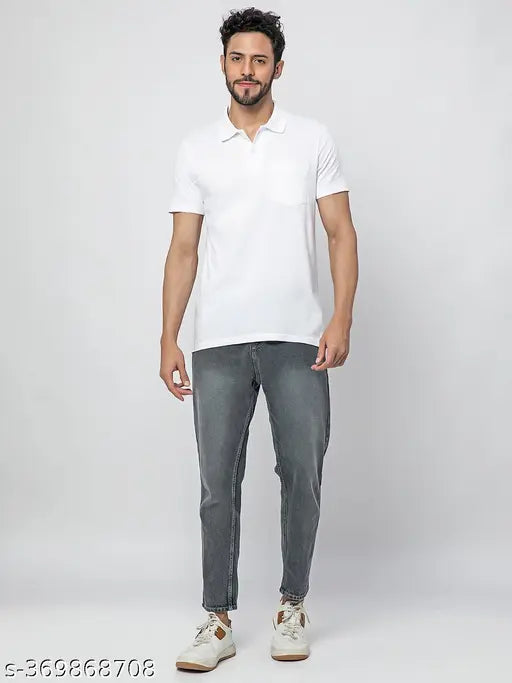 White, 100% pure cotton Quco casual fit men's polo shirt with pocket, ultra-soft and textured