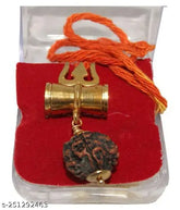 Gold brass Panch Mukhi Rudraksha locket with Trishul Damru, traditional Hindu protection amulet