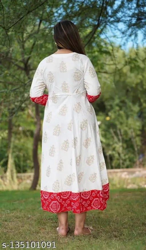 Printed white Rayon anarkali kurta with bandhej border, suitable for casual or festive wear, India origin
