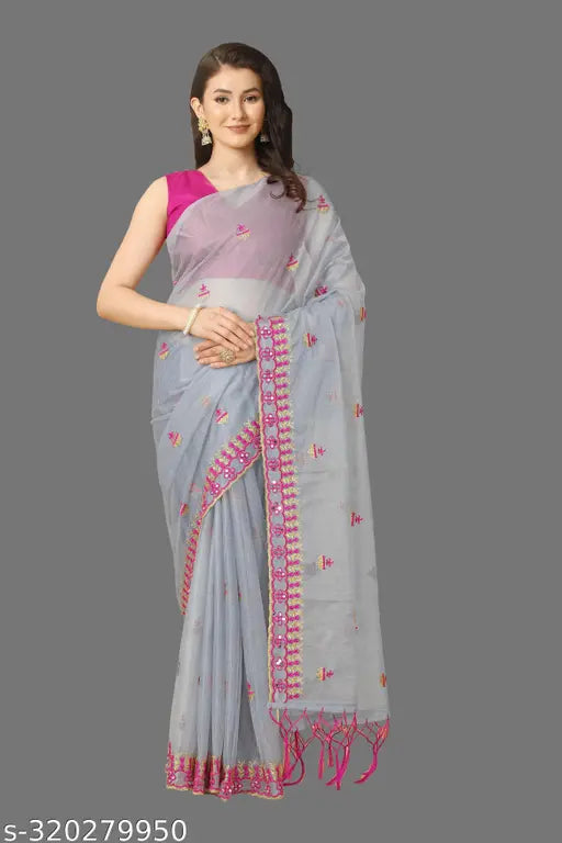 Super net saree with mirror work and dupion silk blouse, showcasing beautiful multi-thread embroidery on mustard yellow background