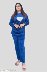 Blue women's woolen winter night suit with long sleeves, solid design in pyjama style from India