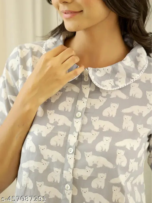 Grey viscose rayon printed nightsuit for women, short-sleeved pyjamas set on hanger