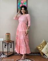 Embellished peach cotton slub sleeve Anarkali kurti with lurex fabric, heavy embroidered yoke. Indian fashion wear for women