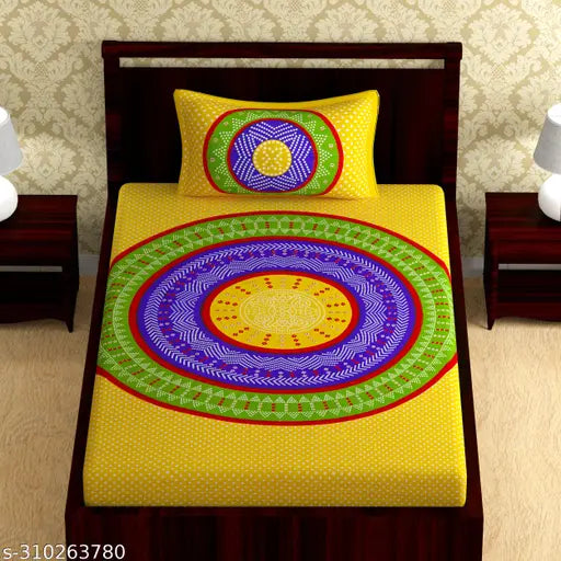 Yellow ethnic motif cotton flat sheet, ideal for adults, perfect for summer, eTape Lehariya print