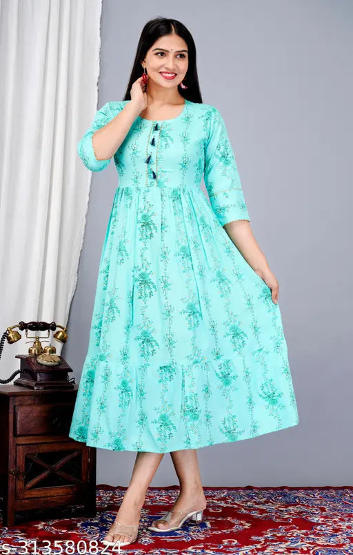 Trendy rayon one-piece wear, printed combo gown with three-quarter sleeves, fashionable for women's sizes M to XXL (38in bust/48in length to 44in bust/48in length)