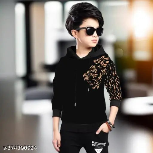 Printed cotton kids hoodie with long sleeves, tested for durability and safe for machine wash. Boys t-shirt, suitable for ages 14 years. Quality tested in India