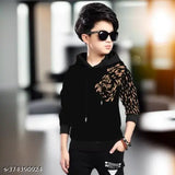 Printed cotton kids hoodie with long sleeves, tested for durability and safe for machine wash. Boys t-shirt, suitable for ages 14 years. Quality tested in India