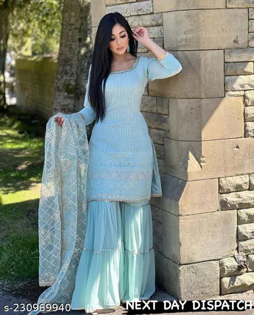 Georgette embroidered top bottom sharara set, XL size, India-origin