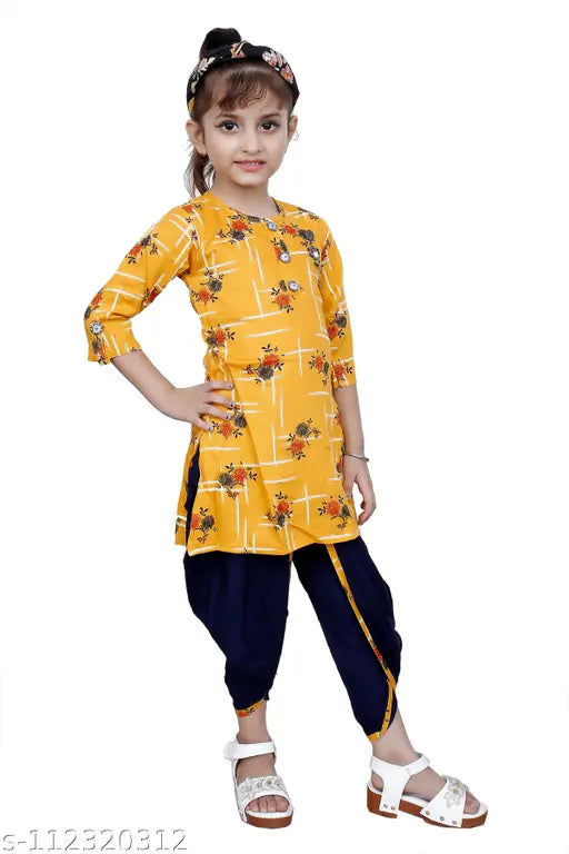 Mustard yellow checked Patiala suit for girls, Hariyal Creation kids partywear. Cotton silk anarkali style with short sleeves, available in sizes 3-4 to 8-9 years. Indian ethnic wear