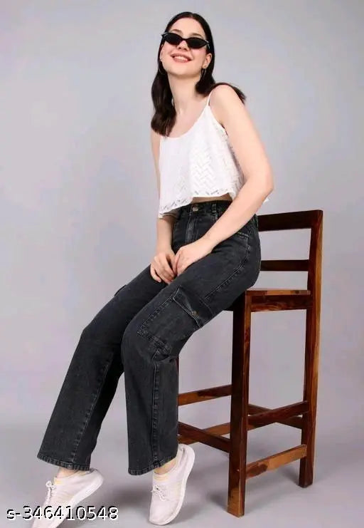 Black denim embellished six-pocket cargo for women, ideal for casual outfits, size 26 to 34