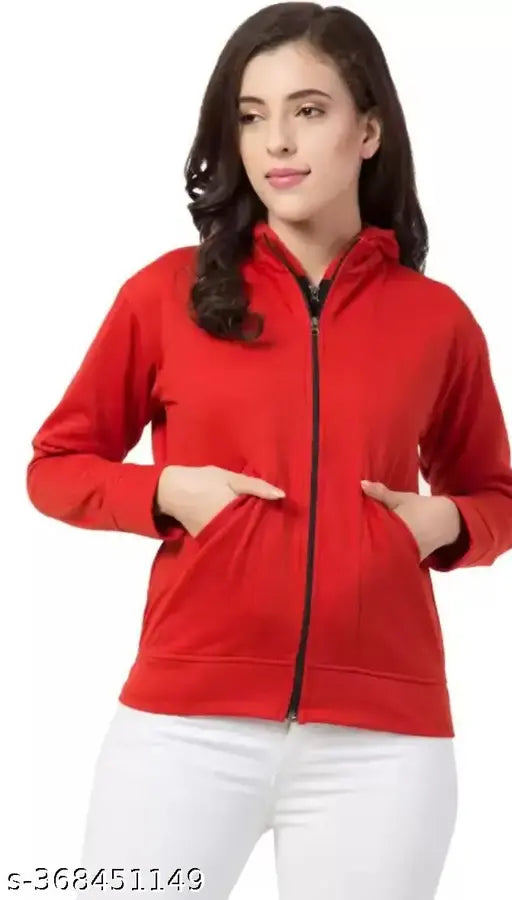 Fleece women's jacket, solid color with long sleeves by AS fashion, size S (bust 34in, length 24in), made in India