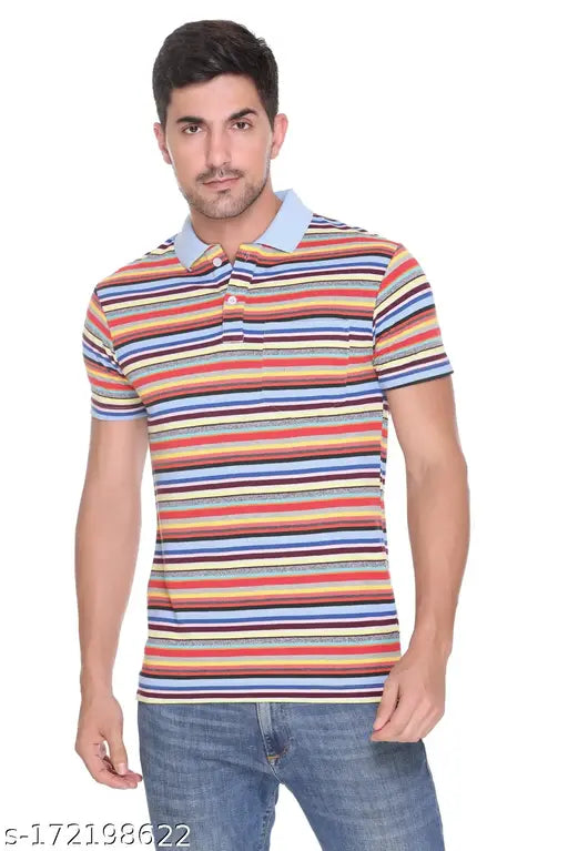 Multicolor striped cotton blend polo neck mens tshirt, high quality Indian summer wear, Regular Fit