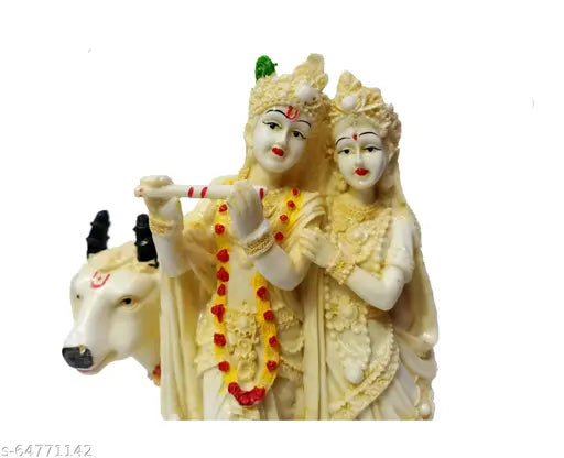 Cream-colored Poly Resin Radha Krishna with Cow God Idol Murti Figurine - Religious Decor for Mandir/Temple/Home/Office (4 x 55 x 9 inches)