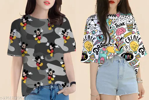 Oversized printed Lycra t-shirt combo (2 units) in trending color combination - women's casual wear from RG Creation, Made in India
