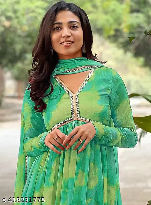 New Georgette Floral Printed Gown with Dupatta set for women's functions. Long sleeves, three-quarter sleeves, suitable for party wear, beach wear, summer wear." (124 characters)