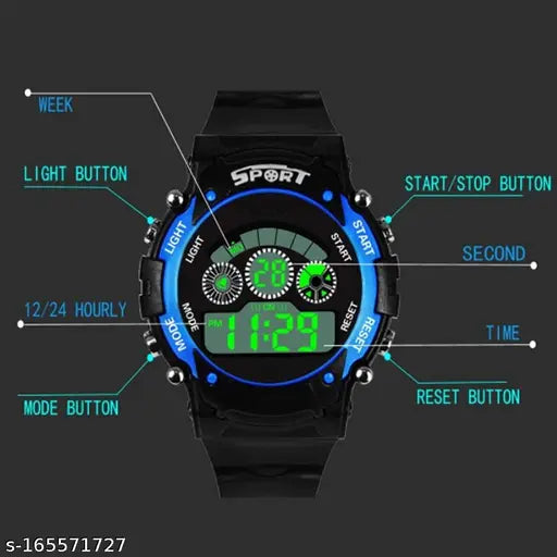 Multi function sports digital kids watch with light for boys & girls, stainless steel case, black strap with buckle clasp, round dial, 7 backlights, suitable for various activities
