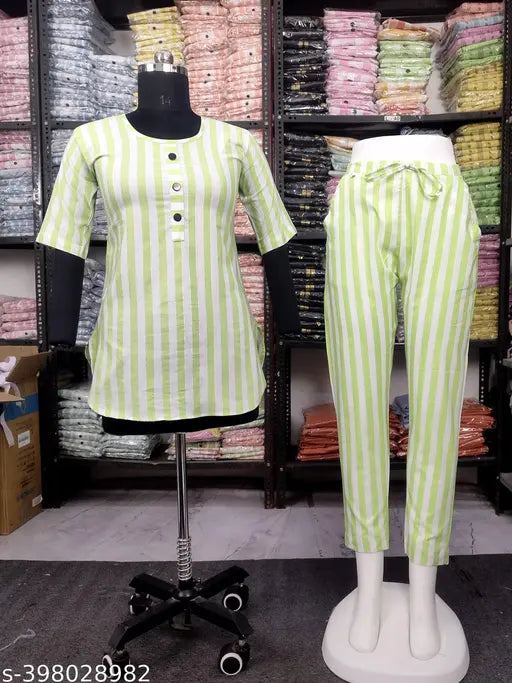 Striped cotton night suit: Trendy round neck short top with dual side pocket and elastic pants, perfect for summer nights (TANNU TRENDS)