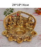 Gold-plated Laxmi Ganesh Saraswati Idol Oil Diya, 14cm x 14cm x 24cm, Diwali Festival season decor, India origin