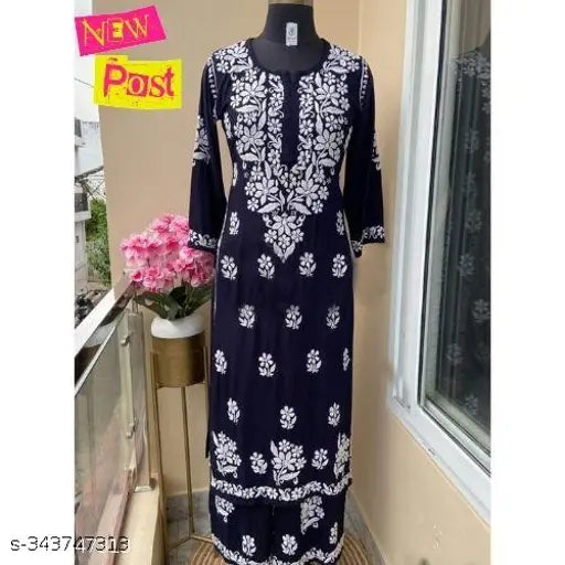 Rayon embroidered Indian Kurta and Palazzos set for women's party wear, three-quarter sleeves, multiple sizes available