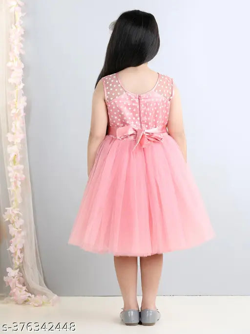 Dusty rose net party dress for kids, knee-length with toy balloon print