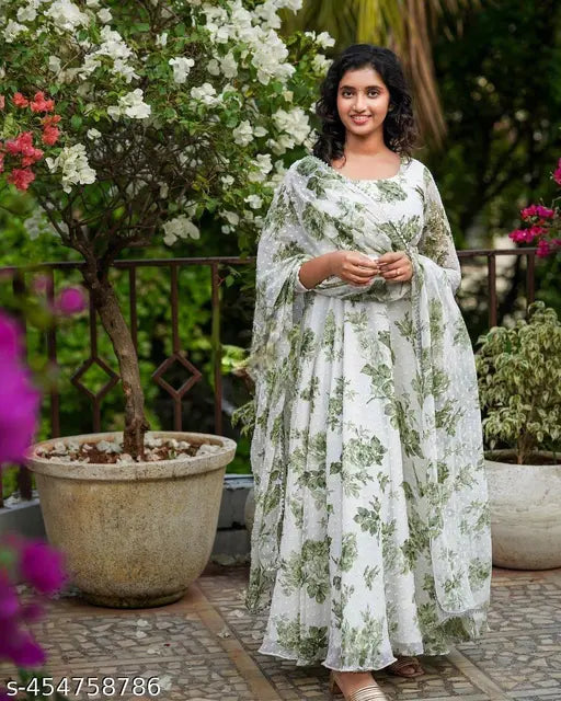 White georgette embroidered kurta and dupatta set, premium quality Indian traditional attire with long sleeves