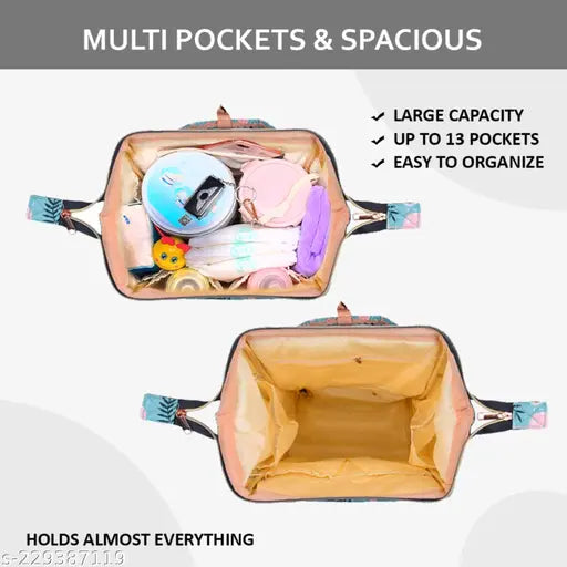 Blue printed polyester kidsify Baby Diaper Bag for travel, multi-functional and water-resistant. Features organizer compartments, USB connectivity for printing, and ergonomic straps. Perfect for busy parents on-the-go or family outings