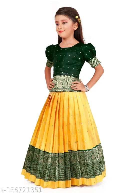 Cotton silk baby girls pattu pavadai lehenga choli set with woven designs, gold zari work, jacquard skirt - traditional Indian attire for special occasions
