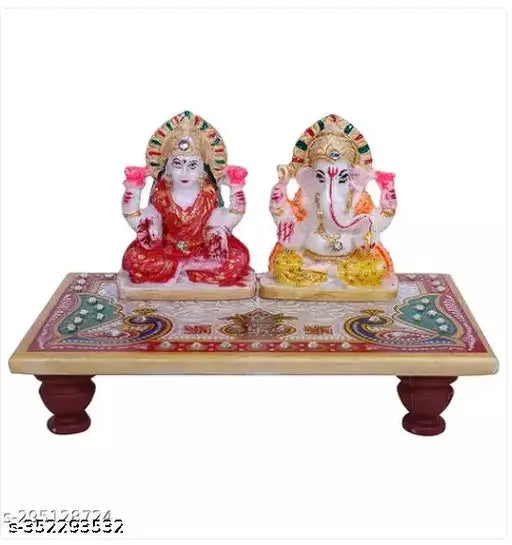 Multicolor marble Ganesh Lakshmi idol, intricate resin sculpture for home office pooja chowki (10cm x 10cm x 15cm)