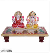 Multicolor marble Ganesh Lakshmi idol, intricate resin sculpture for home office pooja chowki (10cm x 10cm x 15cm)