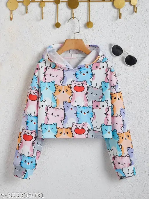 Allover cat print cotton blend hooded sweatshirt for girls, vibrant feline pattern on crop top design