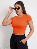 Cotton blend women's round neck half sleeve casual crop ribbed top, solid color with short sleeves, size M (38in bust, 40in length)