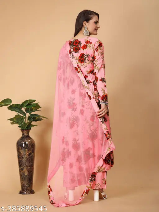 New Georgette embroidered net floral gown, three-quarter sleeves. Indian women's fashion - western gown, kurti, or dupatta set