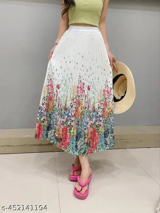 Vintage print pleated midi skirt, premium quality polyester for women's fashion, elastic waist, versatile style