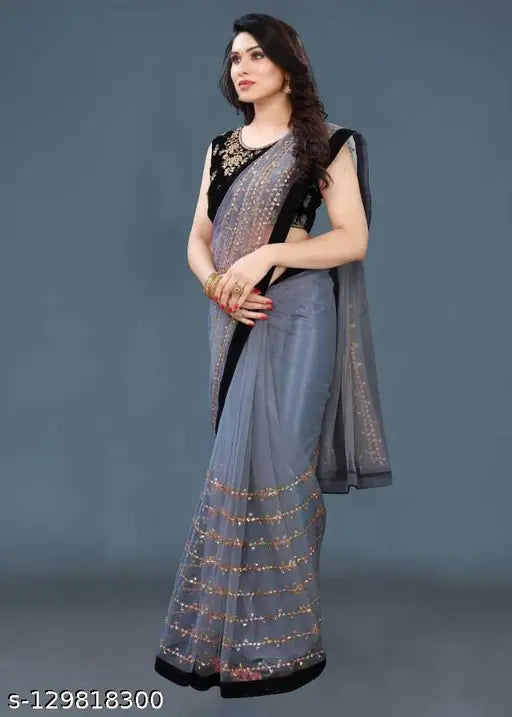 Grey embroidered net saree with sequin detail, Indian designer traditional wear for special occasions