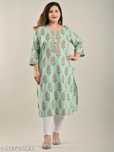 Green printed cotton straight kurta, three-quarter sleeves, Swasti Women's ethnic wear