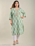 Green cotton Swasti Women's printed straight kurta with three-quarter sleeves and vibrant Indian motifs
