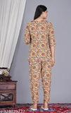 Pure cotton Lehriya print women's night suit top and pyjama set, three-quarter sleeves, Ladies' sleepwear