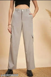 Cotton Lycra high-rise cargo pants, four pockets, stylish and versatile women's trousers, solid pattern, multiple sizes available