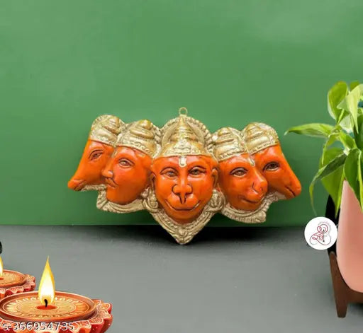 Orange Panchmukhi Hanuman statue, high-quality polyresin with marble powder, ideal for door entrance and wall hanging, made in India