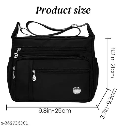 Black nylon waterproof crossbody bag with multi-pockets, practical and functional design, adjustable shoulder strap. Spacious and versatile sling bag for women's everyday essentials, featuring high-quality nylon material and a sleek design, originating from China