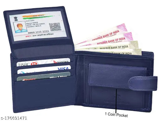 Blue RFID protected genuine leather men's wallet with 5 compartments, perfect for urban fashion and gifting