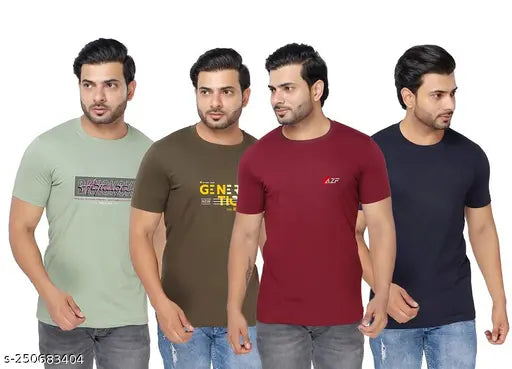 Multicolor round neck, cotton blend half sleeve men's t-shirt combo set (4 pcs), India-made 180 GSM durable quality