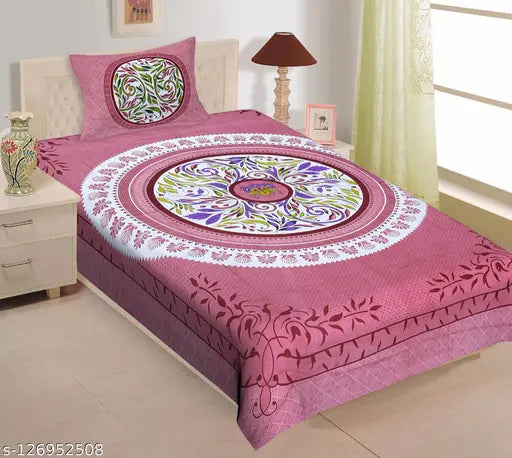 Cotton printed single bedsheet with pillow cover, ethnic motifs by E ELMA, ideal for summer and adults