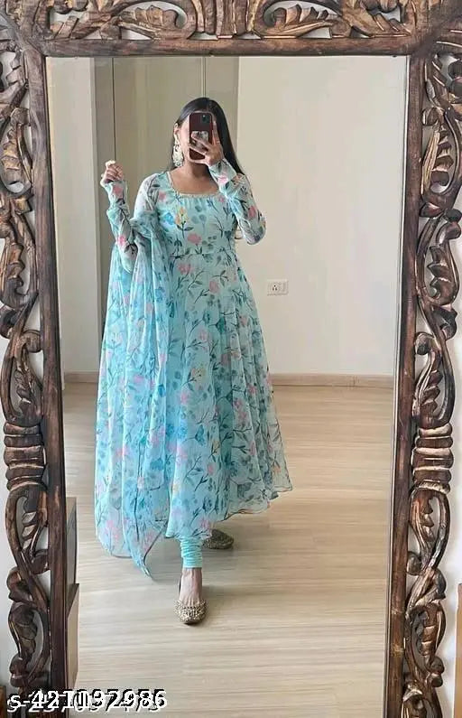 New flared Georggatte gown, printed georgette with duppata, Indian fashion for women & girls